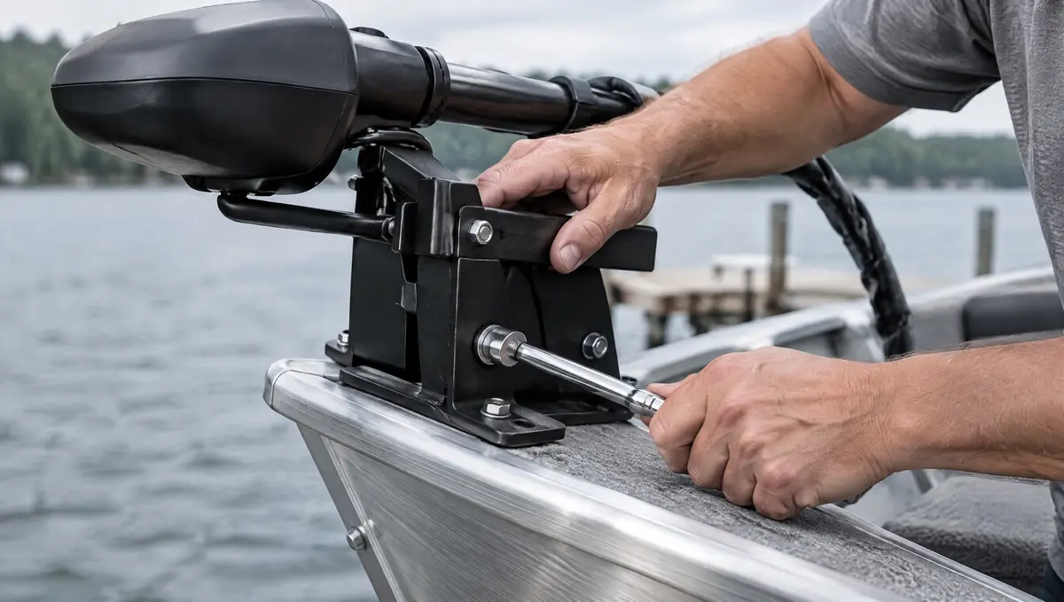 Hands mounting a trolling motor on an aluminum bow