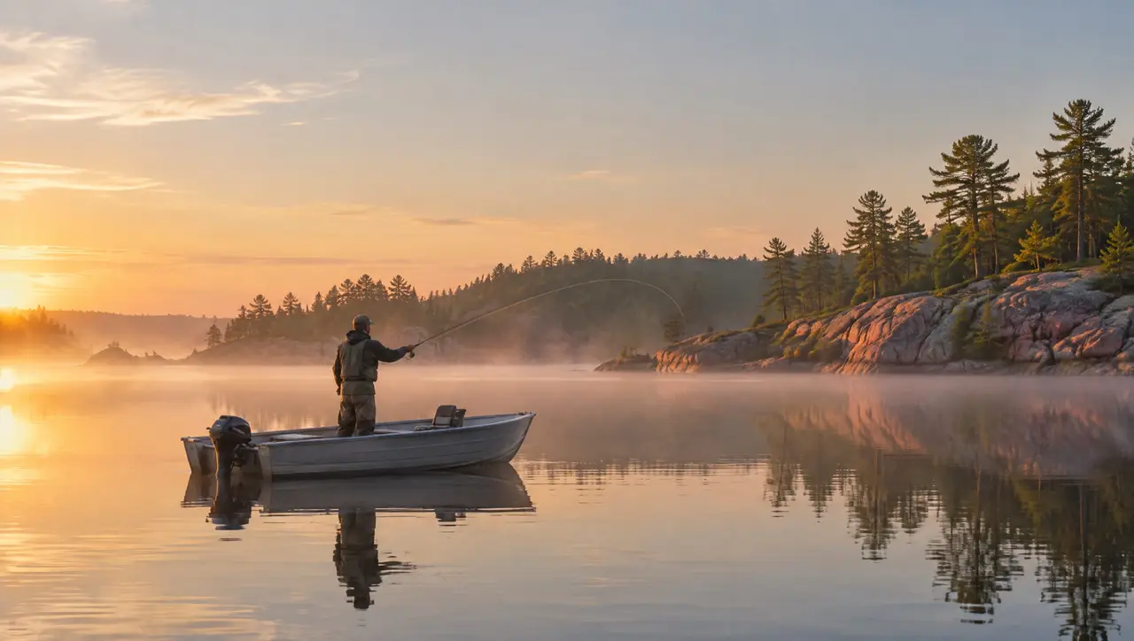 Aluminum fishing boat on a misty lake at dawn